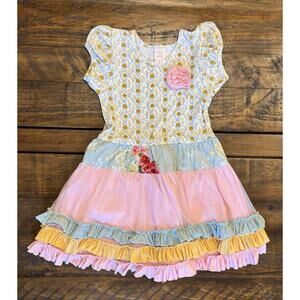 Giggle Moon Little Girl Size 6 Ruffle Short Sleeve Dress Floral Pink Tiered